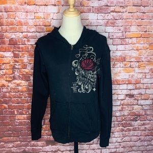 Vintage Hard Rock Cafe Black Rose Distressed Front Zip Hoodie